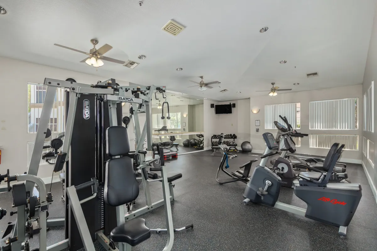 A modern, well-equipped gym filled with various workout machines, mirrors, and open space for group fitness or personal training. The area is bright and motivational.