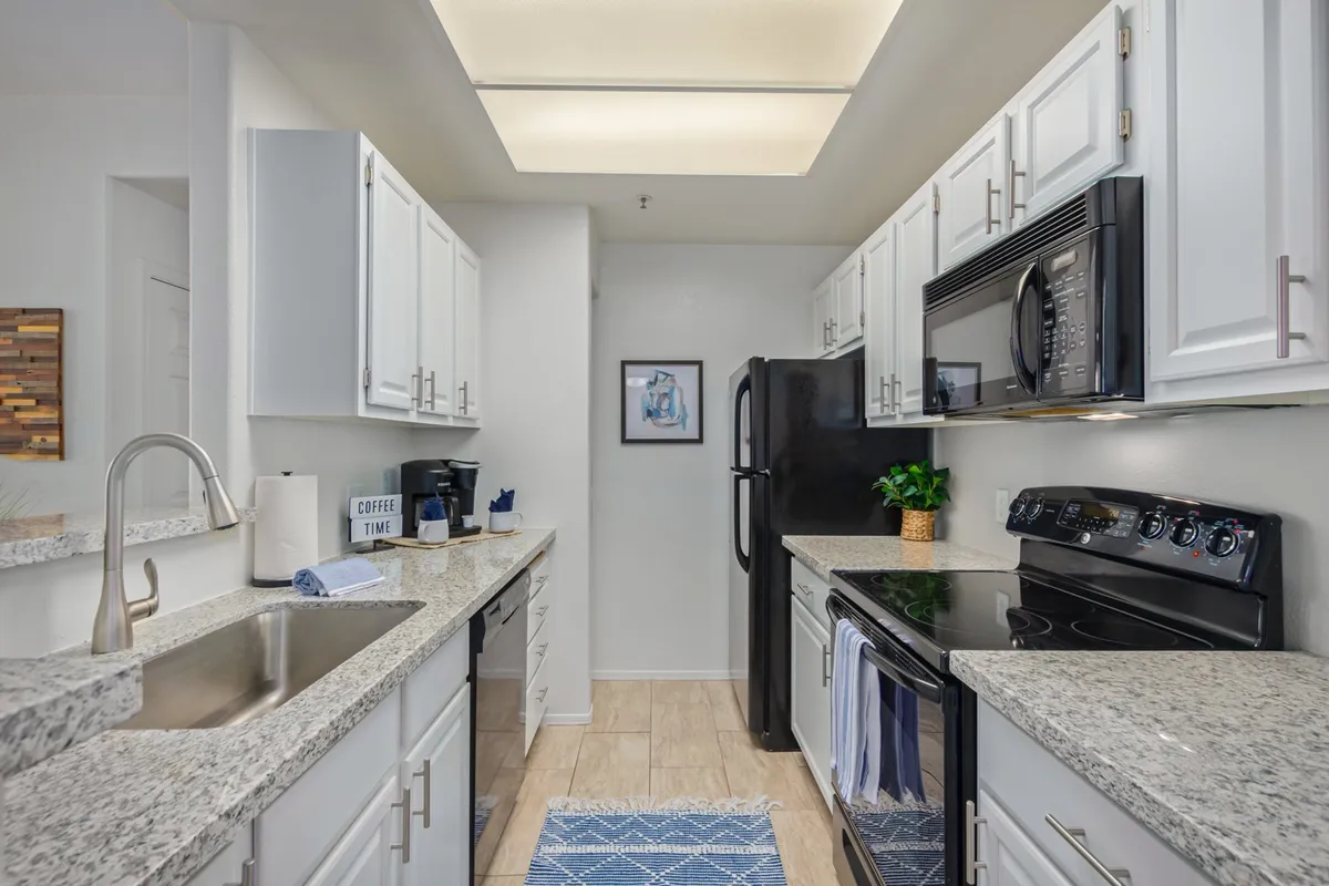 A modern kitchen with black appliances, sleek granite countertops, decorative wall art, and a striking blue area rug. The layout offers a clear, functional workspace and inviting area for meal prep and informal dining or coffee breaks.