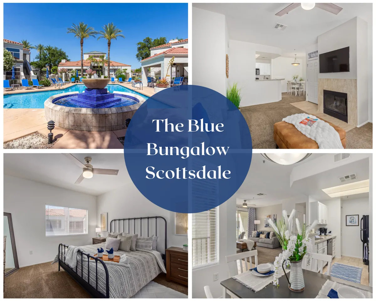 The hero image showcases a sparkling swimming pool surrounded by inviting outdoor seating, with a tranquil fountain nearby. The patio area offers a perfect spot for morning coffee or sunset relaxation, with glimpses of the stylish living room and cozy bedroom inside.