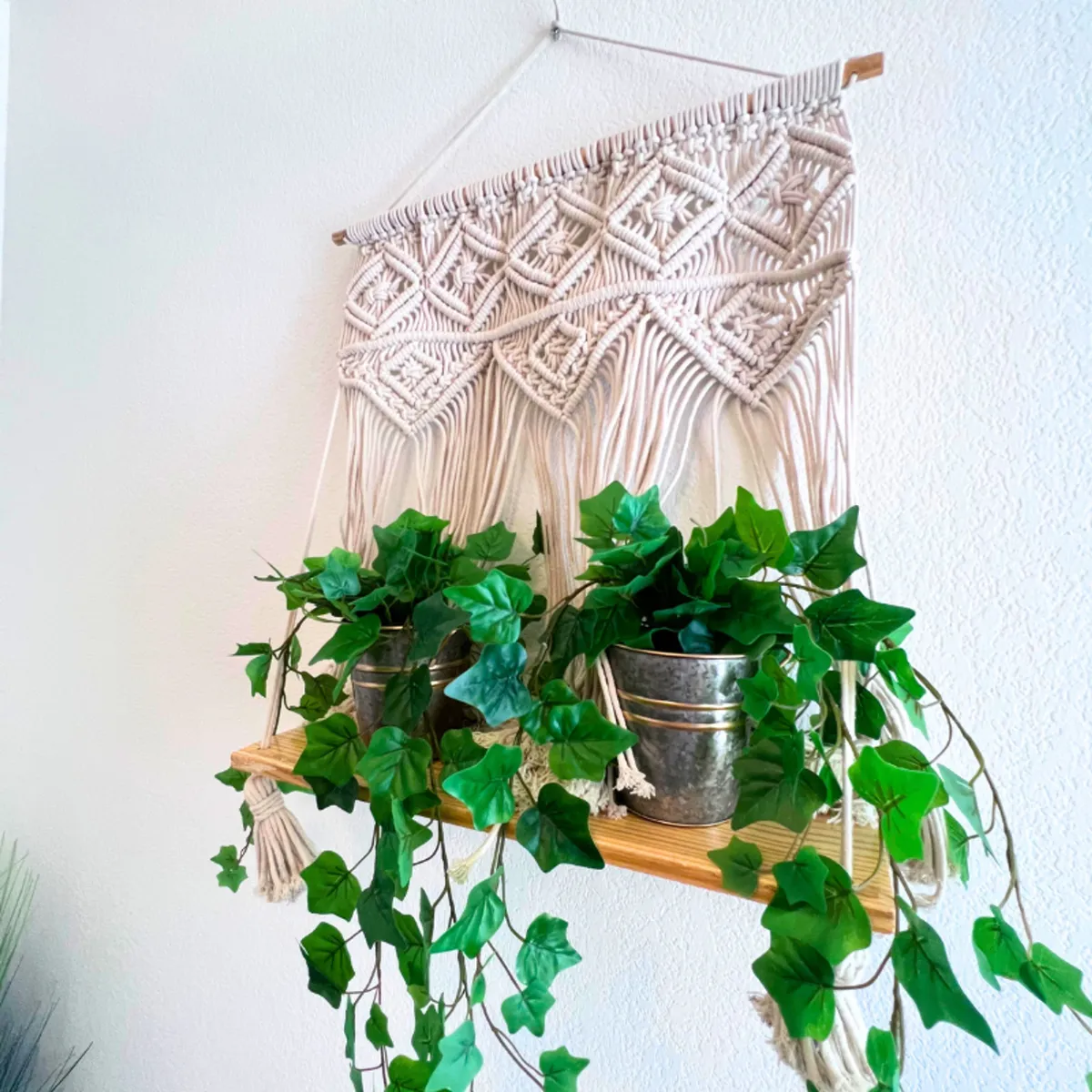 A serene corner with a macrame wall hanging and lush potted plants, blending calming décor with touches of nature. This space radiates an inviting, homey feel and demonstrates careful attention to detail.